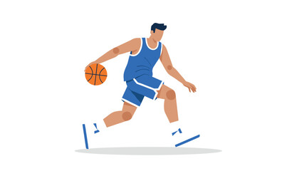 Obraz premium Professional athletic basketball player wearing a blue uniform dribbling a ball quickly on a clean white background.