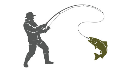 Fototapeta premium Fisherman silhouette with a fishing rod and hooked fish in a clean vector style.