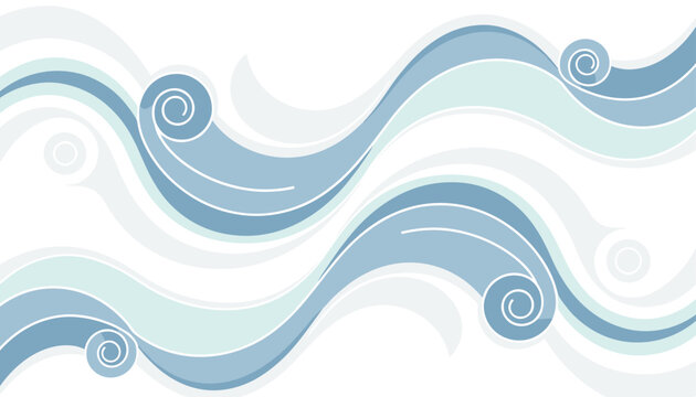 Abstract blue and white swirling ocean wave patterns representing sea surf or wind current in flat modern style.