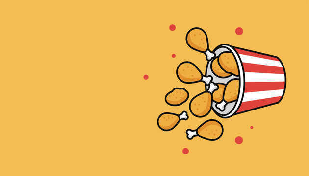 Striped bucket of crispy fried chicken drumsticks spilling out with small red dots on a warm yellow background.