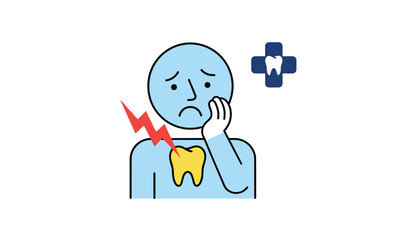Fototapeta premium Sad blue character suffering from a severe toothache, holding his cheek next to a painful tooth and dental clinic cross.