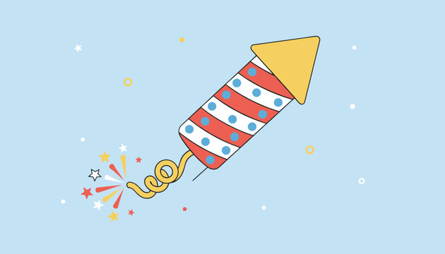 Colorful rocket firework with a sparkling lit fuse soaring against a light blue background adorned with tiny stars.
