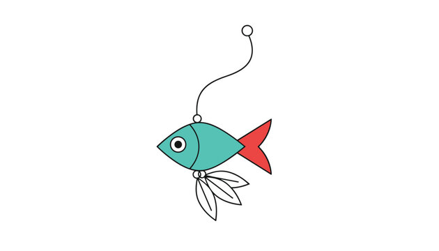 Small blue toy fish with red tail and white feathers on a string, designed as a playful teaser toy for cats.