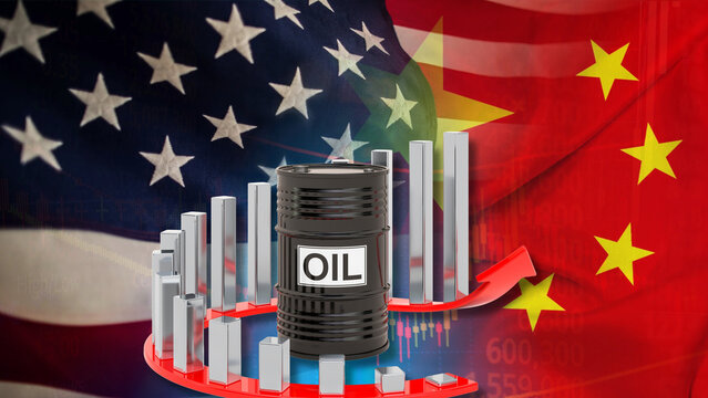 The energy market is evolving in the context of the US-China relationship, with increasing demand for oil and gas. This is illustrated by the bar chart, financial data table, upward-pointing red arrow