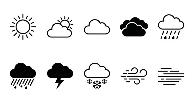 Sun Cloud Rain Snow Lightning Wind Moon Rainbow Weather Forecast Black and White Vector Icon Set