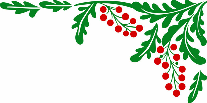 Mistletoe illustration with green leaves and red berries on white background