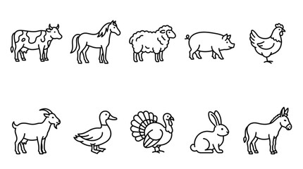 Fototapeta premium Farm Animals Line Art Vector Icon Set Featuring Horse Sheep Chicken Rooster Hen Cow Pig Duck Goat Donkey Turkey Rabbit and Livestock Symbols
