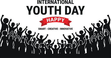 International Youth Day black and white crowd silhouette banner with bold typography celebration design © Sanjidul Graphics