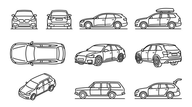 Black Station Wagon Car Vector Icon Set Featuring Front Side Rear Top and Perspective Views in Minimalist Style