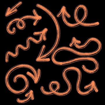 Textured orange doodle arrows raster set on black background. Creative hand drawn glowing chalk effect pointers and wavy directional signs for social media design, cyberpunk aesthetic, streetwear grap