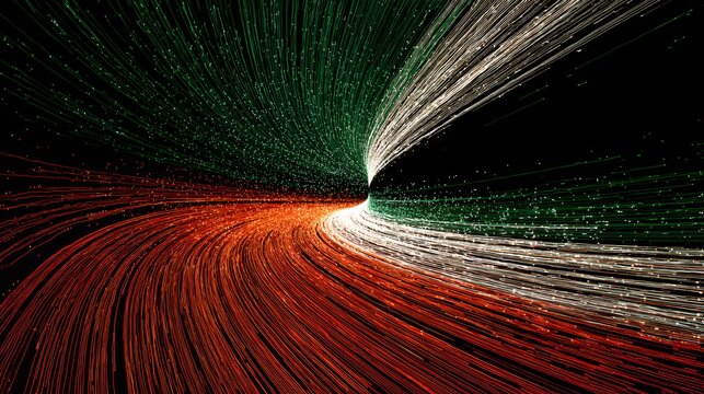 Futuristic vortex tunnel of fast moving glowing light lines in green, white, and orange for dynamic technology and speed backgrounds.