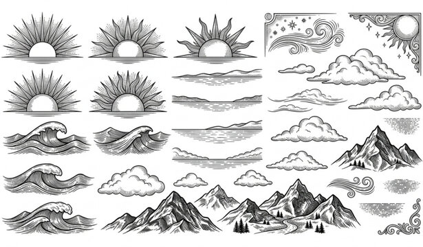 Vintage sunrise engraving vector set with rising sun ocean waves and etched landscape isolated on white