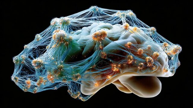 Abstract Neural Network Concept: A stunning, abstract visualization of a neural network, with glowing nodes interconnected by a web of luminous filaments, set against a dark, mysterious background.