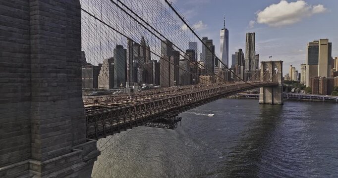 NYC New York Aerial v431 drone flyover Dumbo along Brooklyn bridge towards Lower Manhattan capturing East river crossing traffic and downtown cityscape - Shot with Mavic 3 Pro Cine - September 2023