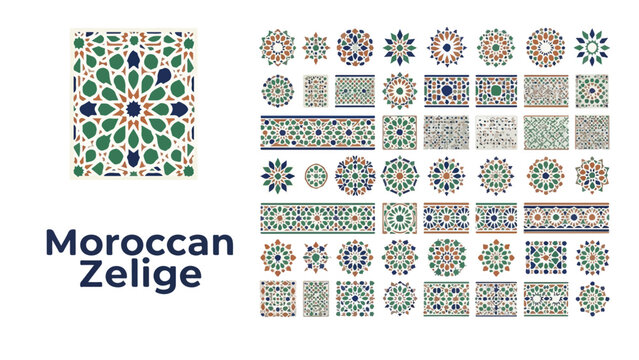 Moroccan Zelige pattern collection, traditional Islamic geometric tile ornaments, green and blue mosaic vector elements for interior design