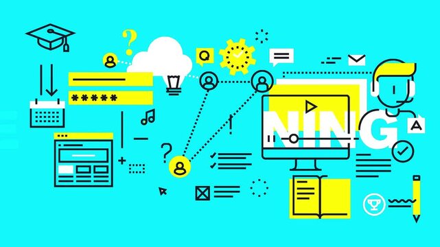 Digital learning concept animation displaying e-learning typography with line study icons on a green background.