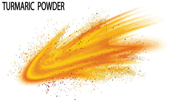 Turmaric powder splash vector illustration, vibrant orange spice explosion on white background, organic turmeric dust cloud for food packaging