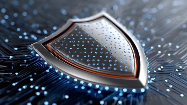 Digital Shield Protection: A gleaming metallic shield symbolizes digital security and data protection, set against a backdrop of glowing blue circuits and nodes.