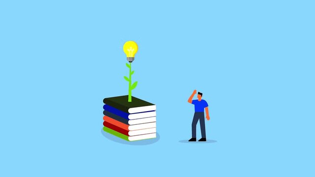 Knowledge growth animation showing a glowing idea light bulb growing out of a giant stack of colorful books.