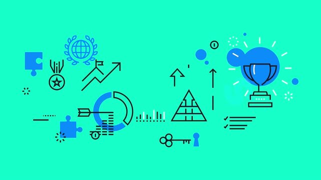 Success concept animation with a trophy and business line icons moving on a bright green background.