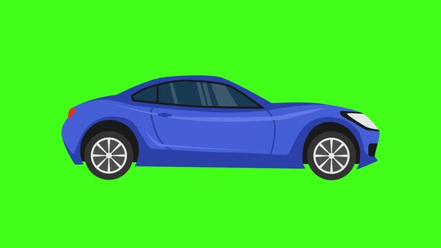 Bluecar driving moving flat cartoon on green screen