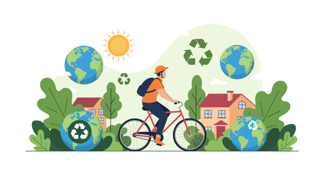 Man riding bicycle with Earth and recycling symbols.
