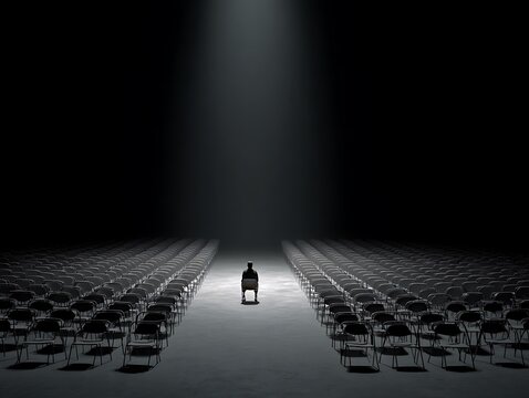 Lone person sitting in spotlight inside dark empty auditorium facing rows of chairs