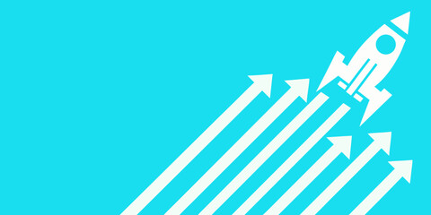 White rocket ship ascending with angled arrow trails on teal background © Sukla