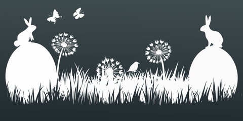 Spring scene silhouette illustration with rabbits dandelions and bird © Sukla