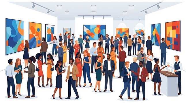 Diverse crowd socializing at a modern art gallery opening reception