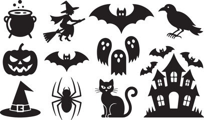 Fototapeta premium set of halloween element silhouette collection. Black and white vector editable file. pumpkin, ghost, cat, cauldron, horror house, female witch ride, owl, raven bird, skeleton, spider, witch hat