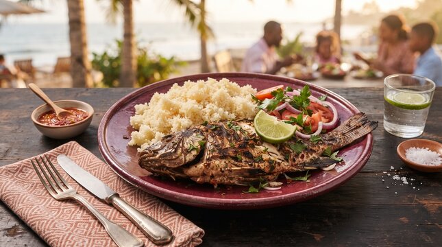 Ivorian atti�k� grilled fish seasonal coastal food photography