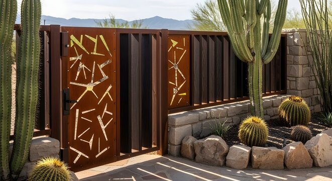 Modern metal gate with decorative laser cut patterns in a desert landscape setting.