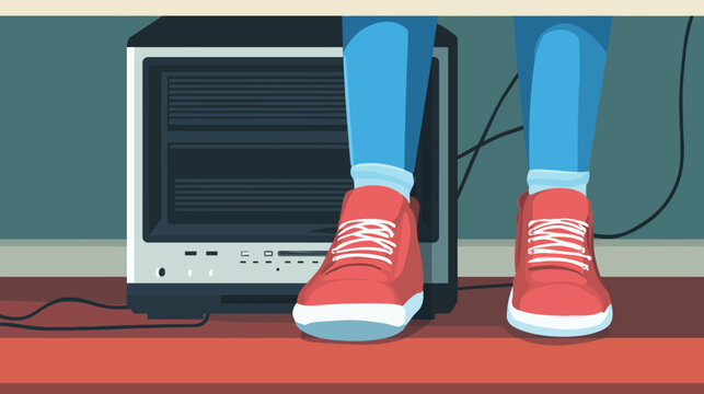 Person wearing red sneakers standing near computer