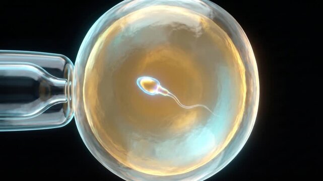 顕微授精による生命誕生の瞬間。黄金に発光する卵子への精子注入と受精プロセスの高精細CG表現