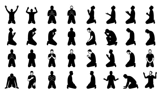 Faith Worship Silhouette Set of Men Praying on Knees Isolated Vector Collection
