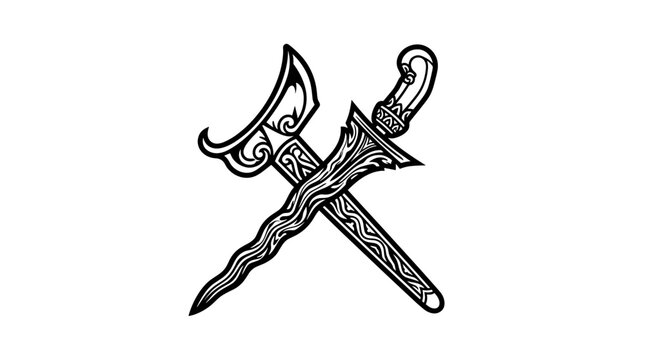 Two traditional kris daggers crossed on a white background.