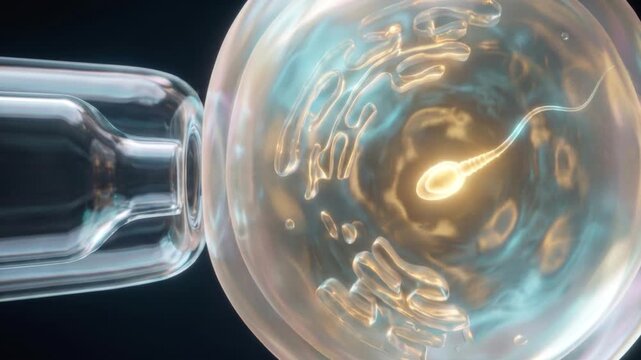 顕微授精による生命誕生の瞬間。黄金に発光する卵子への精子注入と受精プロセスの高精細CG表現