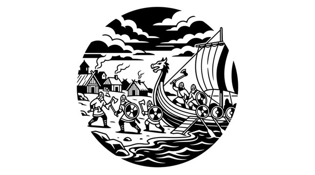 Viking ship landing on shore with warriors disembarking.