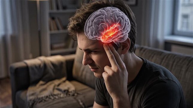 3D medical illustration of a man experiencing severe migraine headache with glowing red brain and neural inflammation