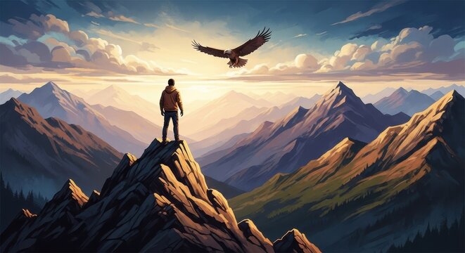 Lone Traveler on Mountain Peak with Eagle Flying Above.