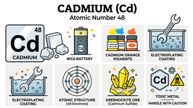 Cadmium Element Infographic Set with Atomic Number, Uses, and Toxic Warning Icons