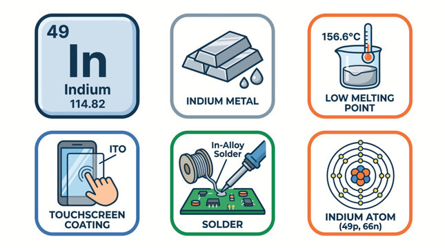 Indium Chemical Element Periodic Table and Industrial Applications Icon Set