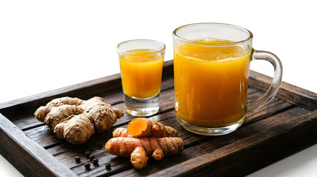 A wooden tray with fresh ginger, turmeric root, and a glass of traditional Indonesian jamu herbal drink.