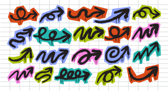 Colorful scrapbook doodle arrow collection featuring hand drawn graffiti style. Perfect for stickers, planners, journals, scrapbooking, apparel, branding, and creative projects