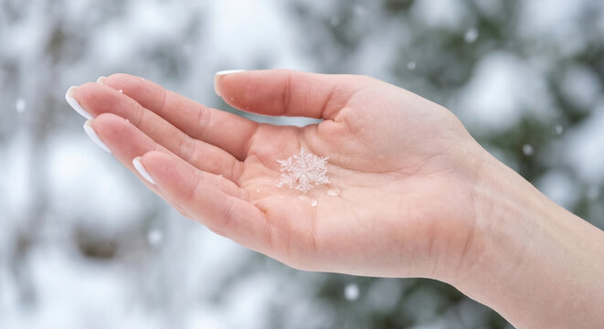 Close-up of a woman's hand with white nails holding a delicate snowflake.