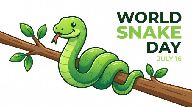 Cute green cartoon snake wrapped around a tree branch for world snake day celebration