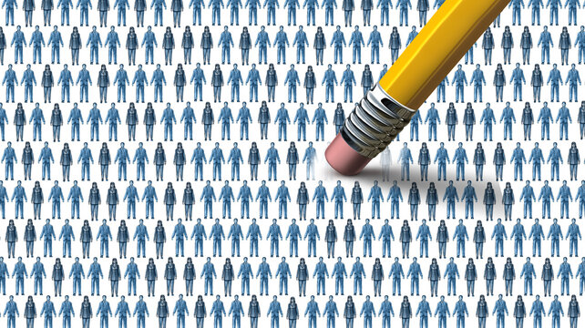 Bid Tech Job Cuts and technology industry Layoffs as technological unemployment or worker loss as fired workers and the rise of AI are reshaping employment represented by an eraser removing employees.