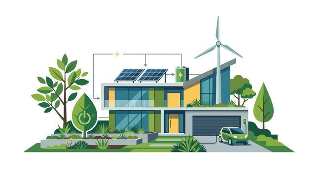 Eco-friendly house with solar panels, wind turbine, and electric car