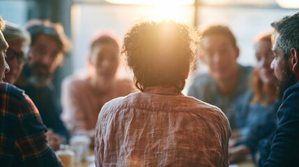 Fototapeta premium Back view of a diverse group of colleagues gathered candidly around a table in warm window light